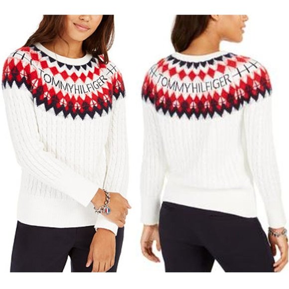 Tommy Hilfiger Sweaters - Tommy Hilfiger Women's Ivory/Multi Fair Isle Logo Cable-Knit Sweater Sz S/P NWT